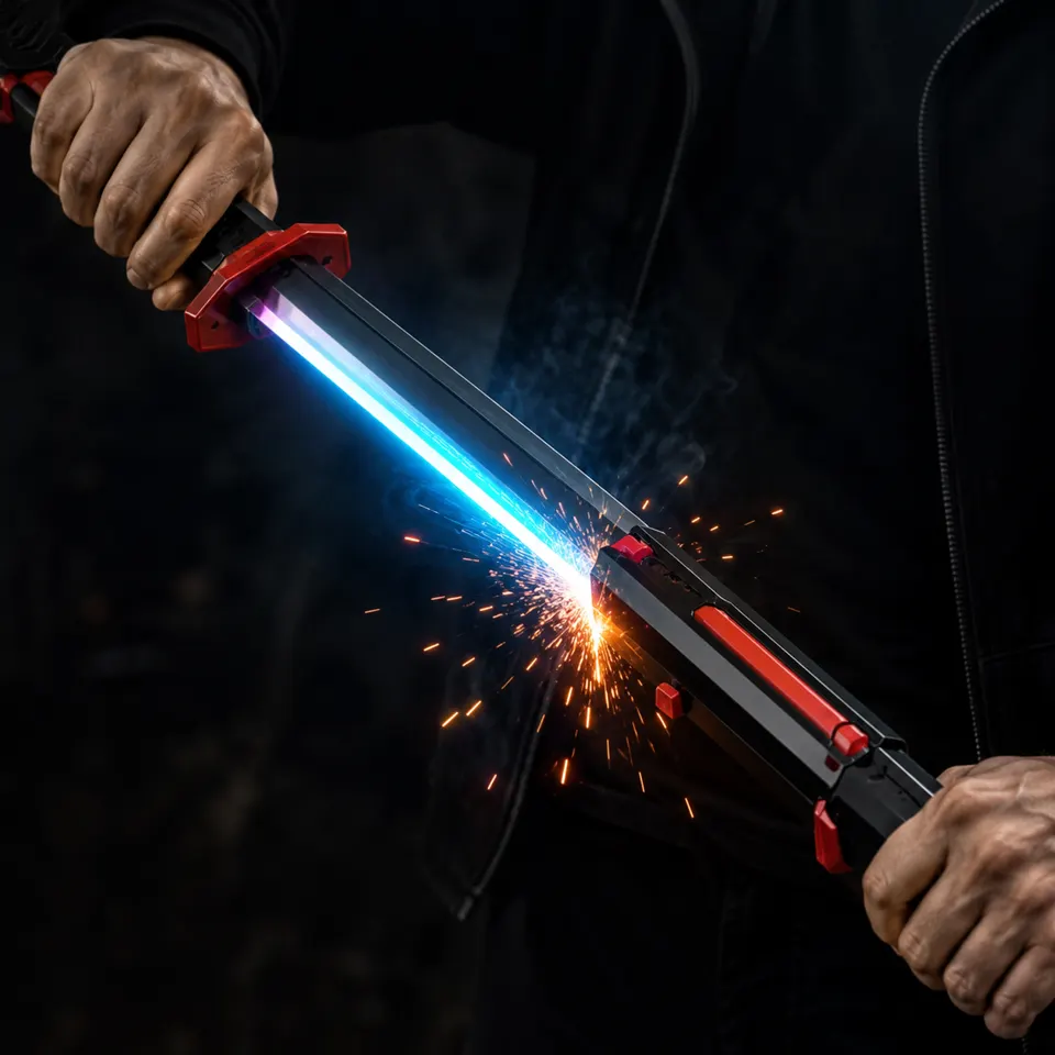 Katana sendo desembainhada soltando faíscas reais com lâmina LED azul