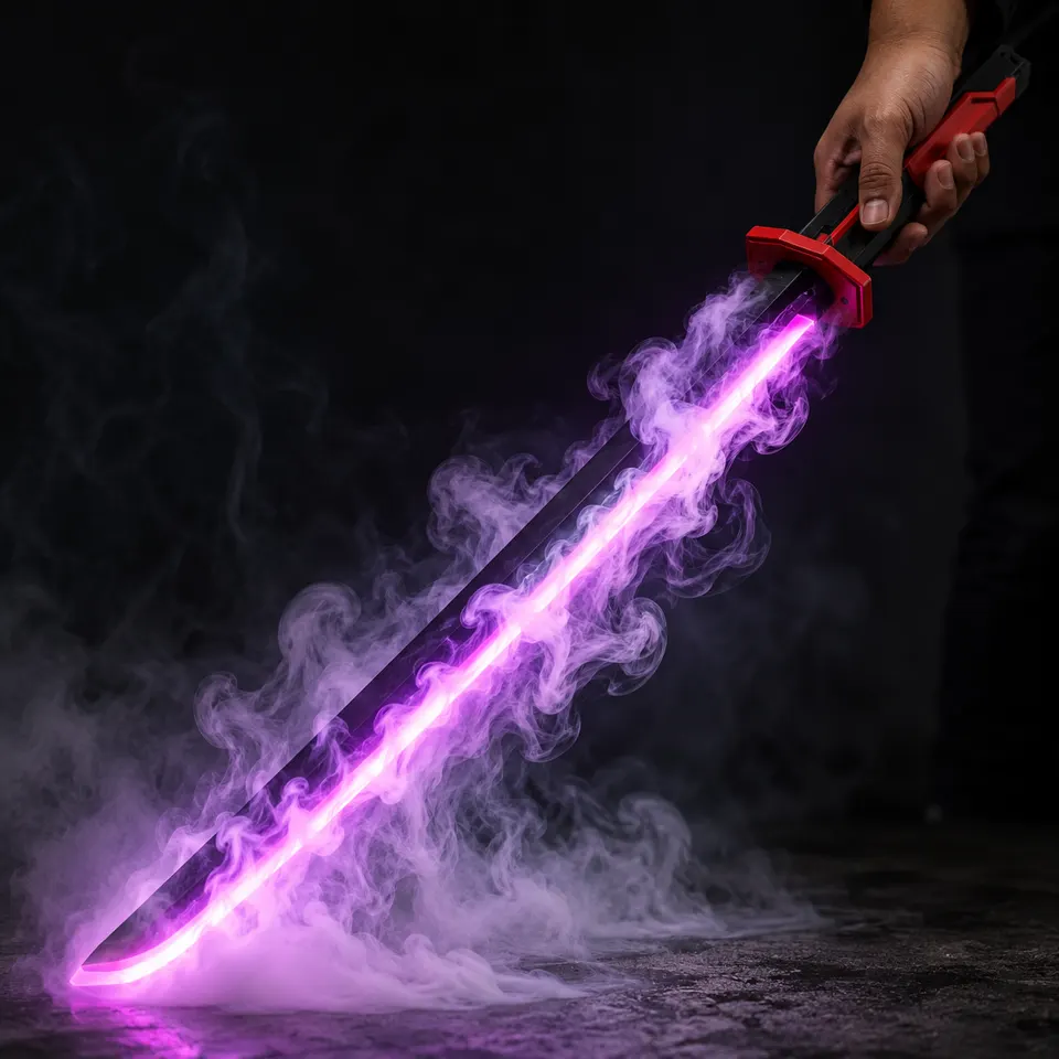 Katana com lâmina LED roxa envolta em fumaça densa