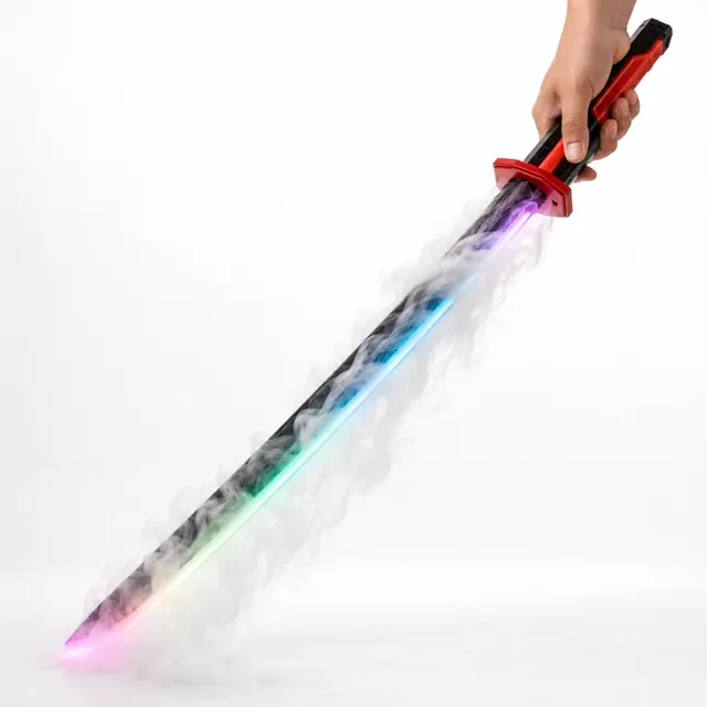 Katana com a ponta para baixo liberando fumaça pela lâmina LED colorida
