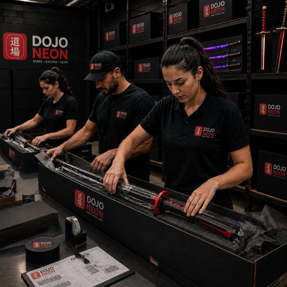 Equipe Dojo Neon conferindo e embalando katanas nas caixas oficiais da marca