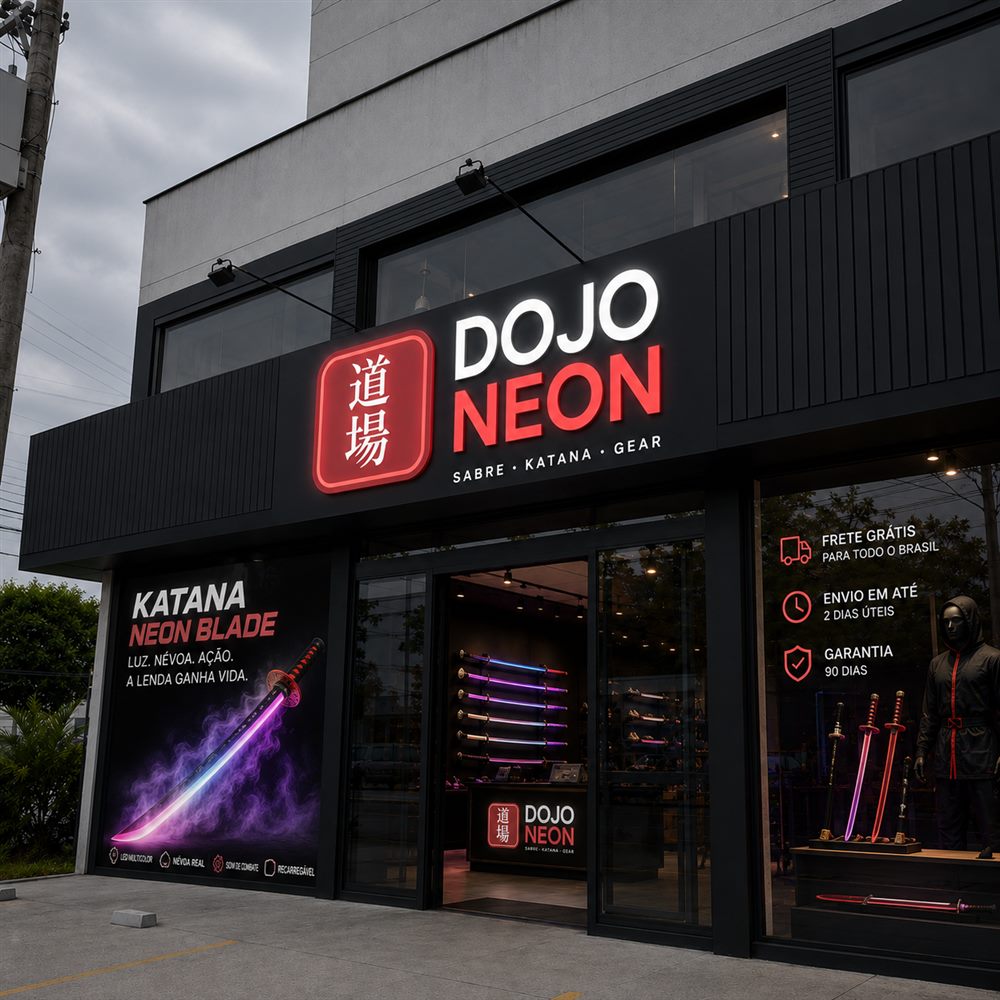 Fachada da loja Dojo Neon com letreiro em neon vermelho e vitrine de katanas LED